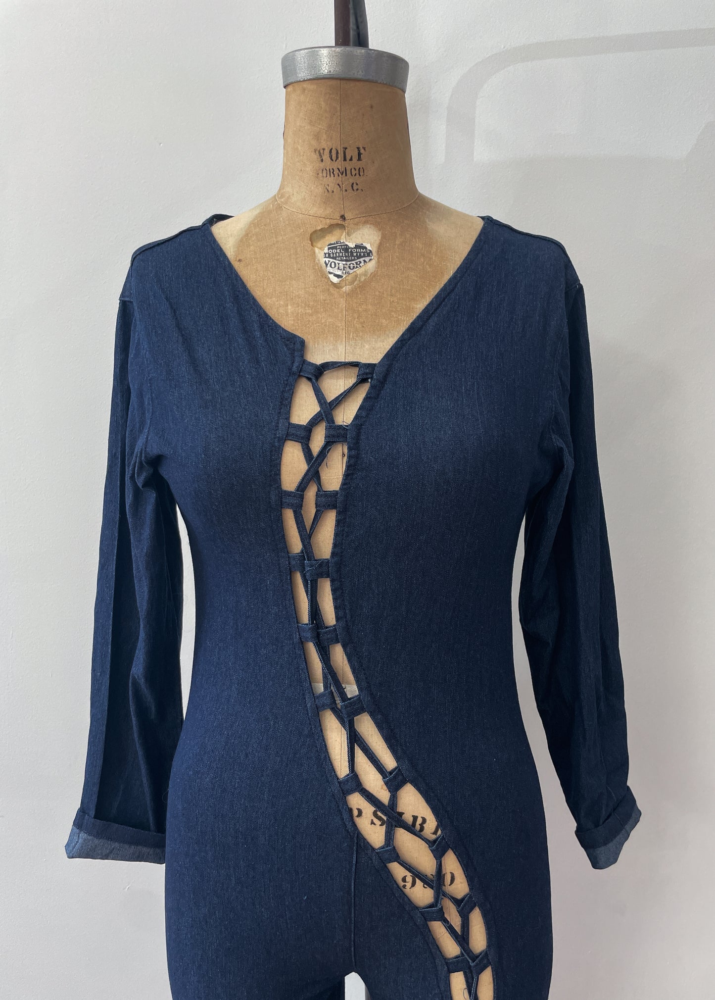 2000s Y2K Sexy Stretchy Lace Up Dark Denim Jumpsuit
