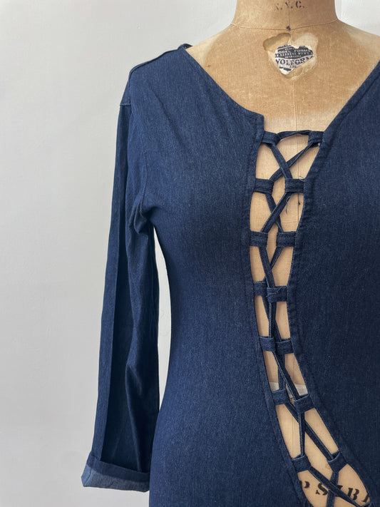2000s Y2K Sexy Stretchy Lace Up Dark Denim Jumpsuit