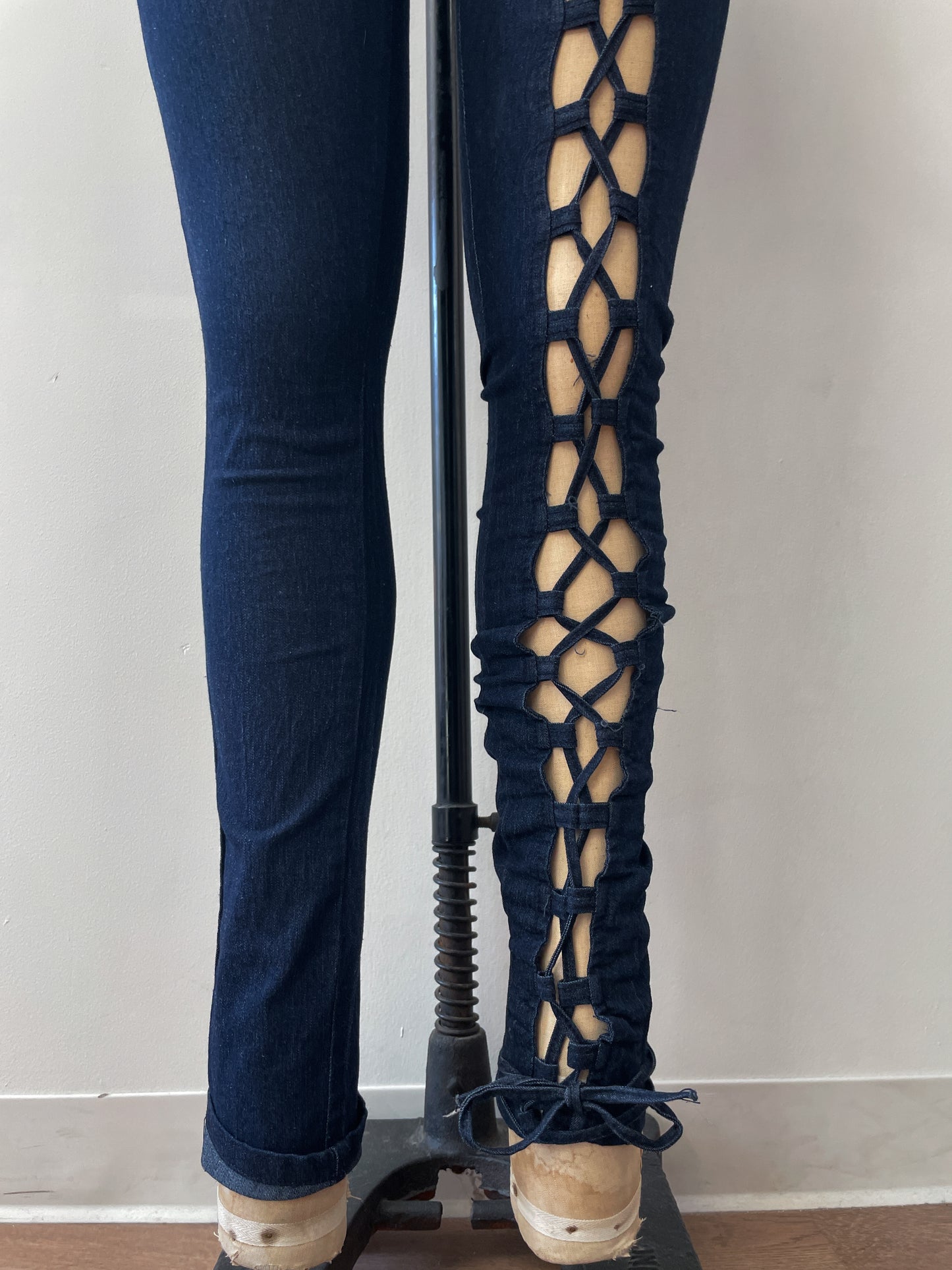 2000s Y2K Sexy Stretchy Lace Up Dark Denim Jumpsuit