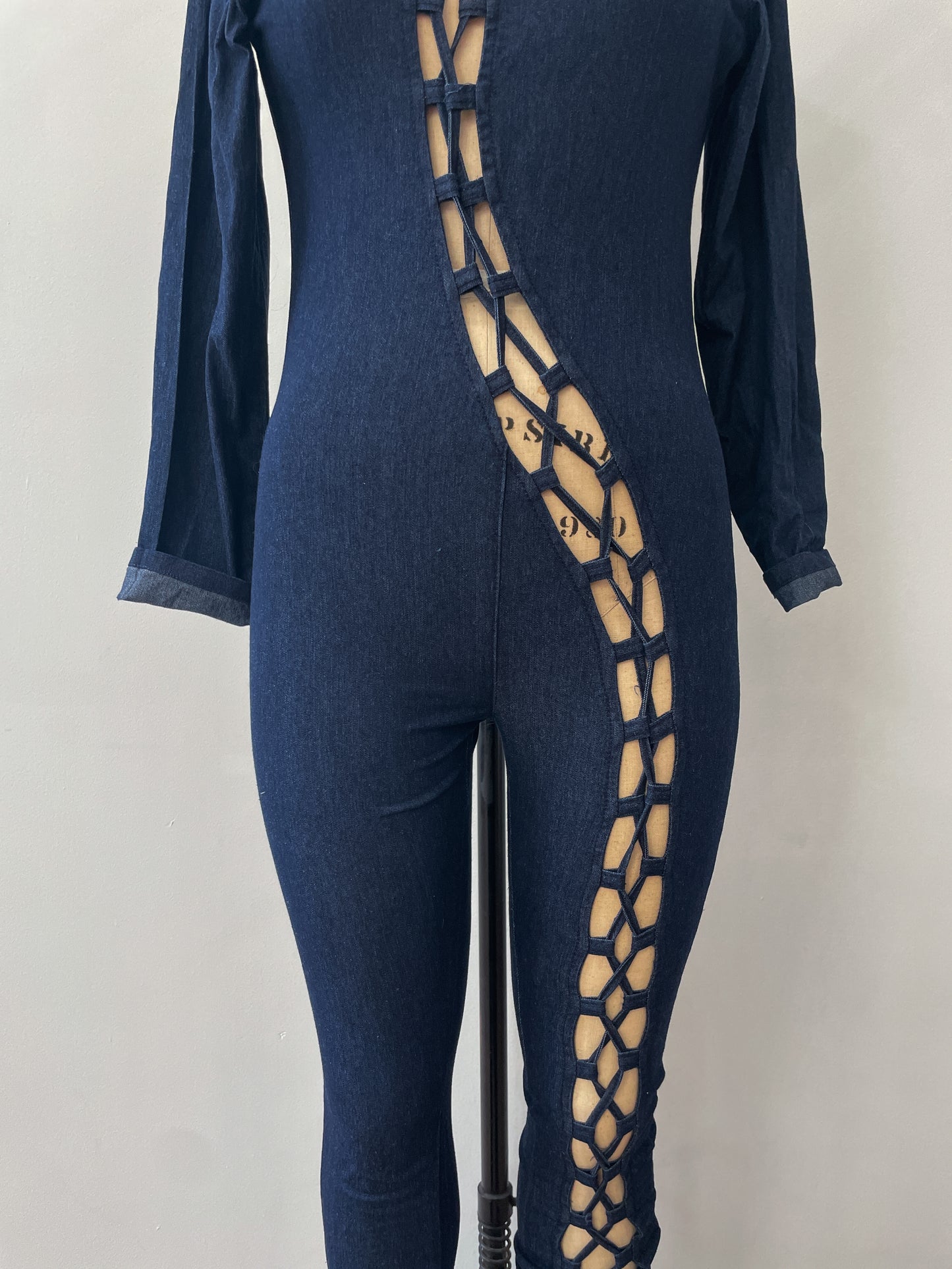 2000s Y2K Sexy Stretchy Lace Up Dark Denim Jumpsuit