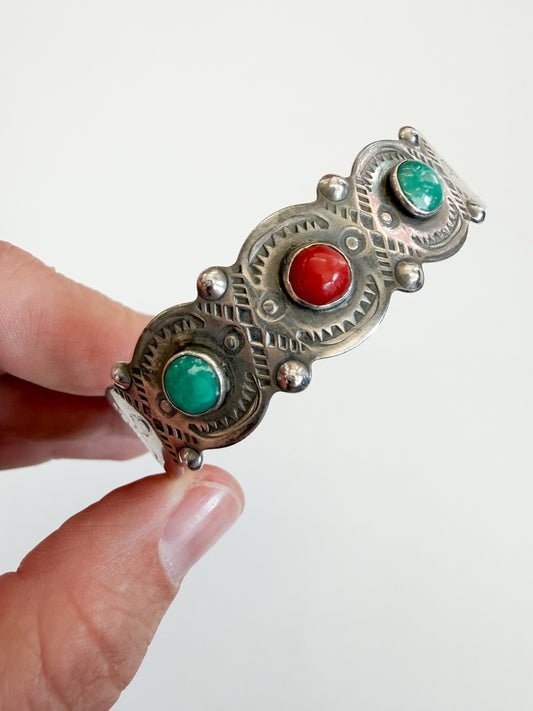 1930s Vintage Stampwork Native American Turquoise and Coral Sterling Silver Cuff