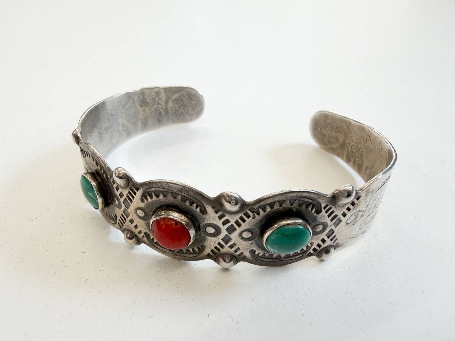 1930s Vintage Stampwork Native American Turquoise and Coral Sterling Silver Cuff