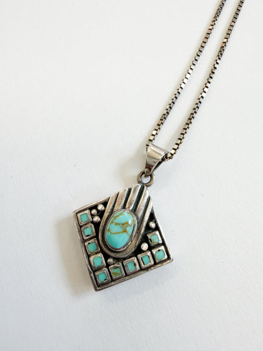 1980s Vintage Turquoise Diamond Shaped Inlay Hand Pendant Necklace