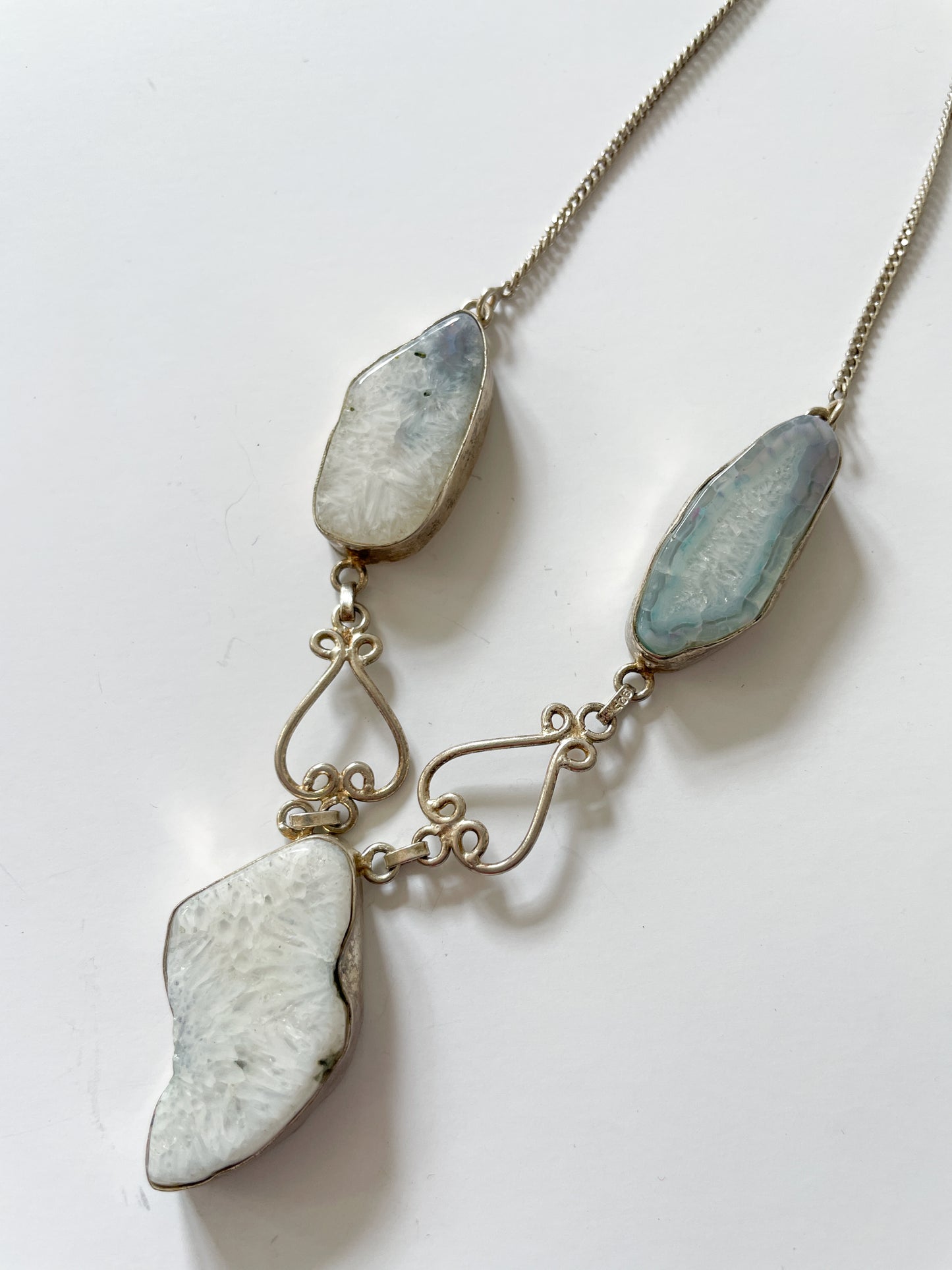 1970s Vintage Sterling and Quartz Three Stone Statement Necklace