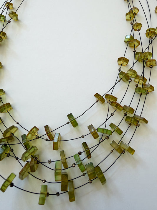 1990s Vintage Green and Yellow Acrylic Multi-Strand Scatter Necklace