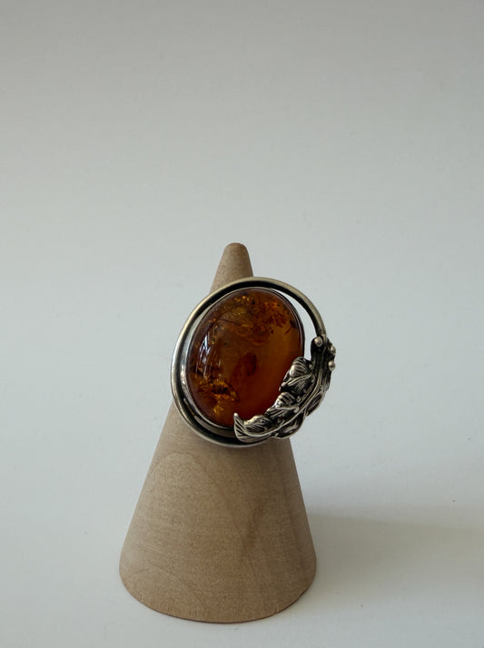 1990s Vintage Amber Sterling Silver Leaves Ring
