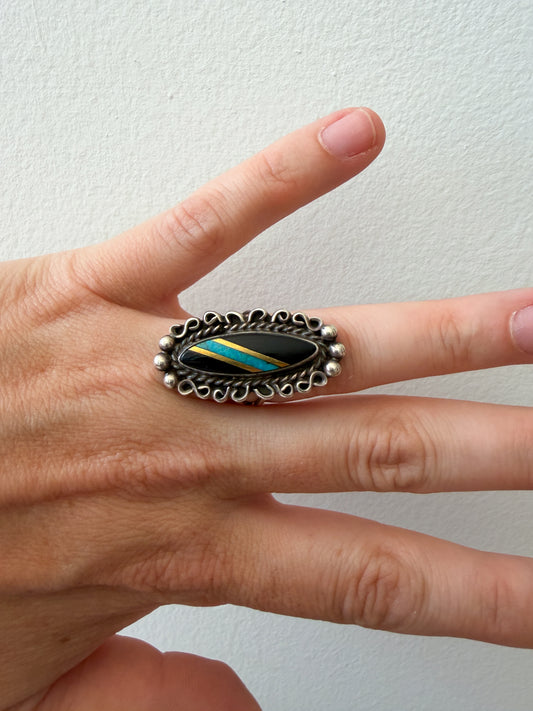 1990s Vintage Sterling Silver Onyx and Crushed Turquoise Ring