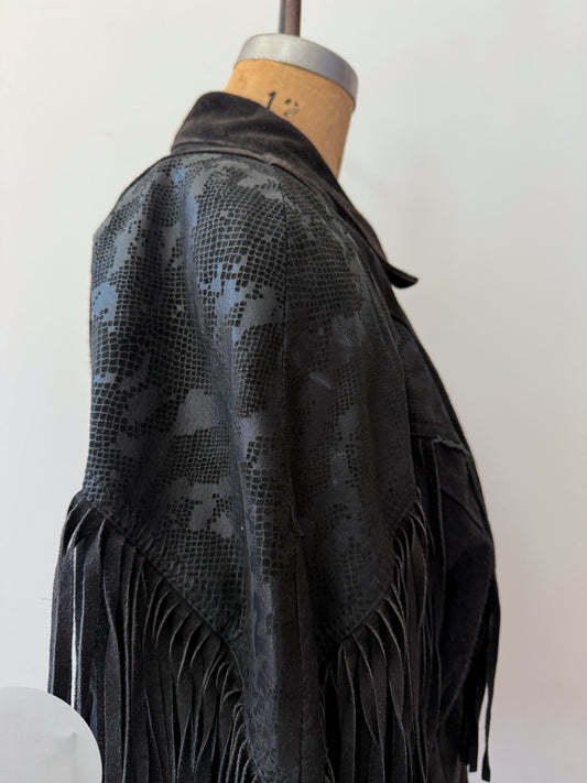 1980s Vintage Black Suede Leather Embossed Reptile Zip Up Fringe Jacket