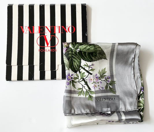 1980s Vintage Valentino Semi-Sheer Silk Purple Roses Floral Scarf
