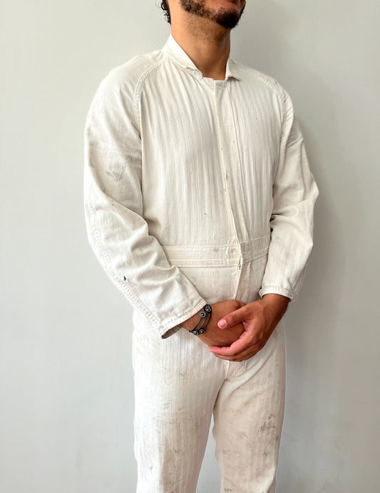 1950s Worked In White Herringbone Twill Cotton Painter's Coveralls HBT Workwear