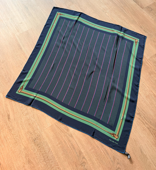 1980s Vintage Celine Paris Horse Riding Crop Gucci Style Large Silk Scarf