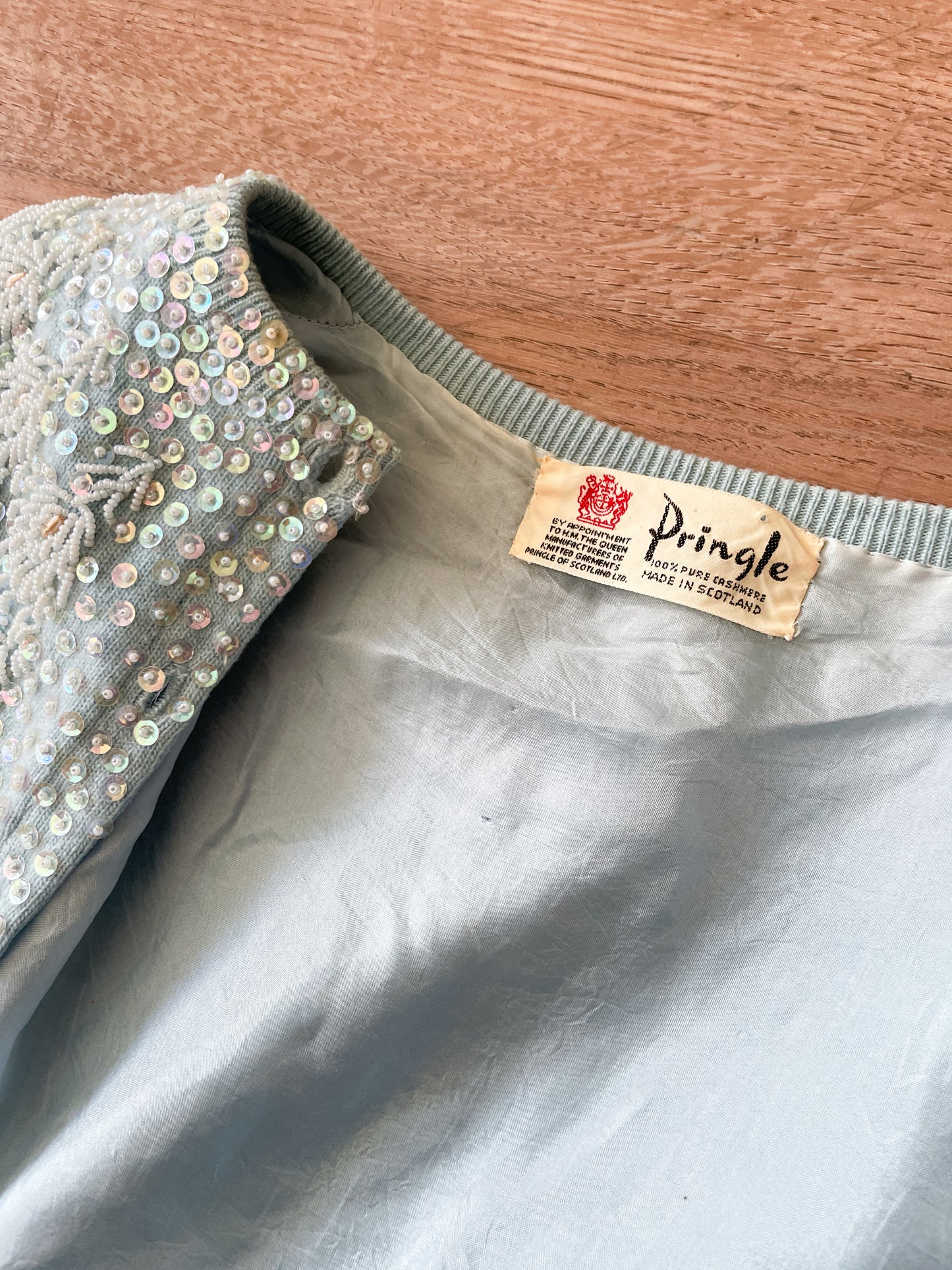 1950s Vintage Pringle of Scotland Pure 100% Cashmere Ice Blue Heavily Beaded Sweater