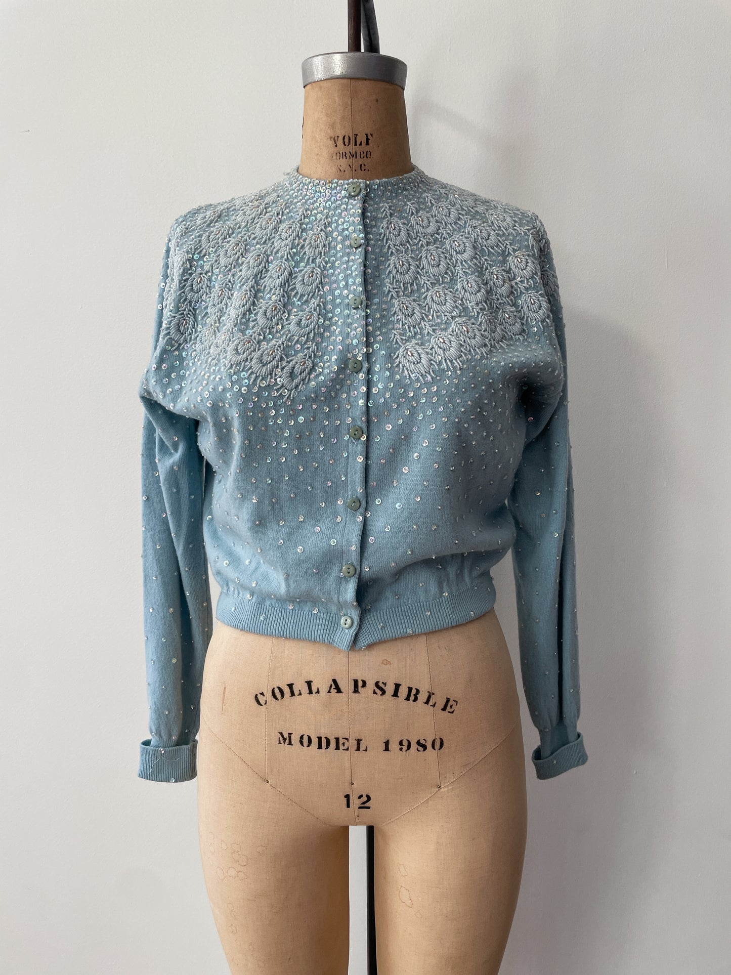 1950s Vintage Pringle of Scotland Pure 100% Cashmere Ice Blue Heavily Beaded Sweater