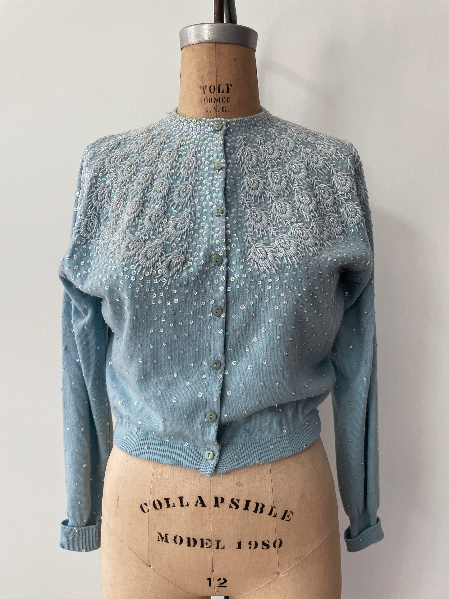 1950s Vintage Pringle of Scotland Pure 100% Cashmere Ice Blue Heavily Beaded Sweater