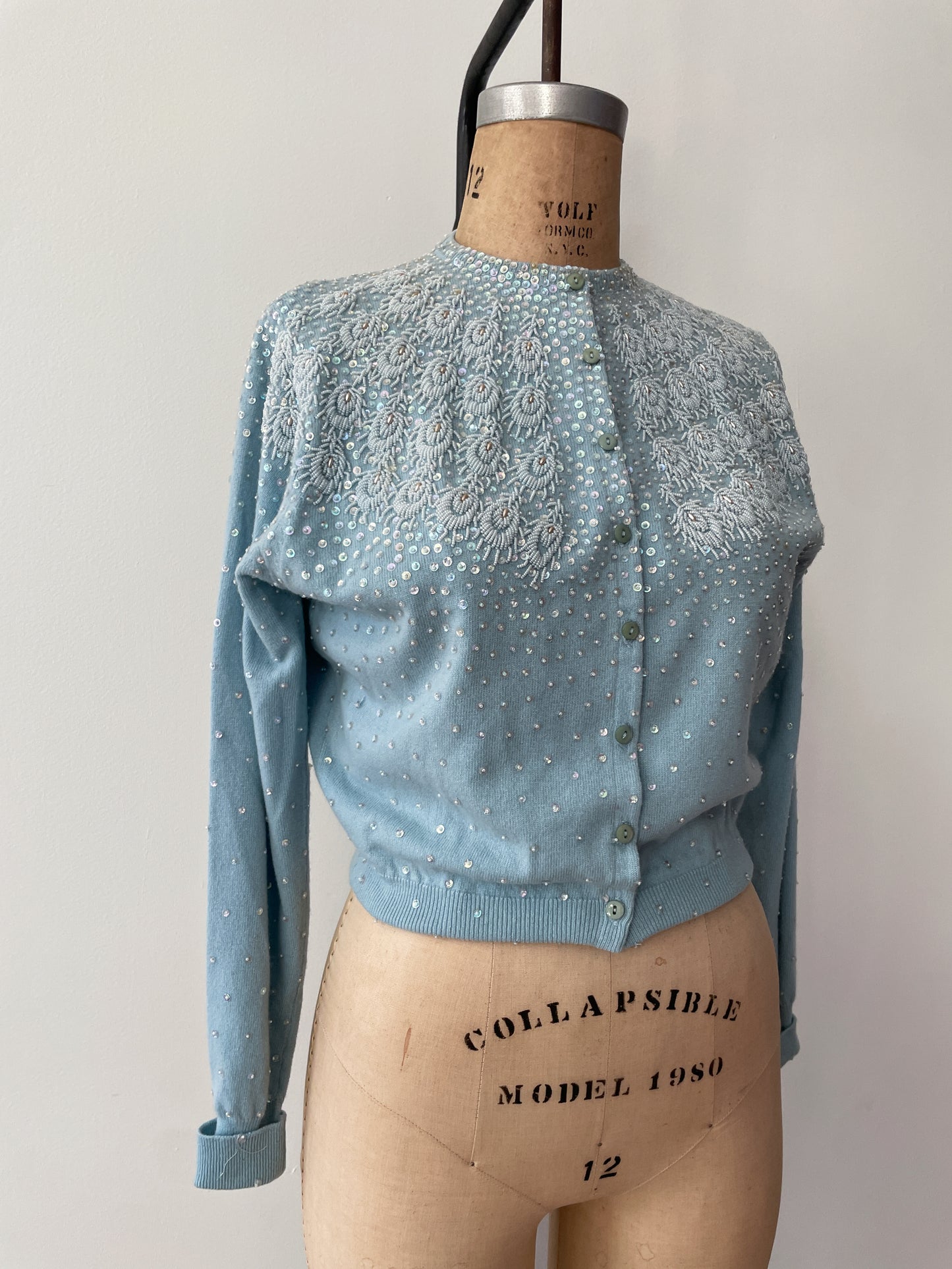 1950s Vintage Pringle of Scotland Pure 100% Cashmere Ice Blue Heavily Beaded Sweater