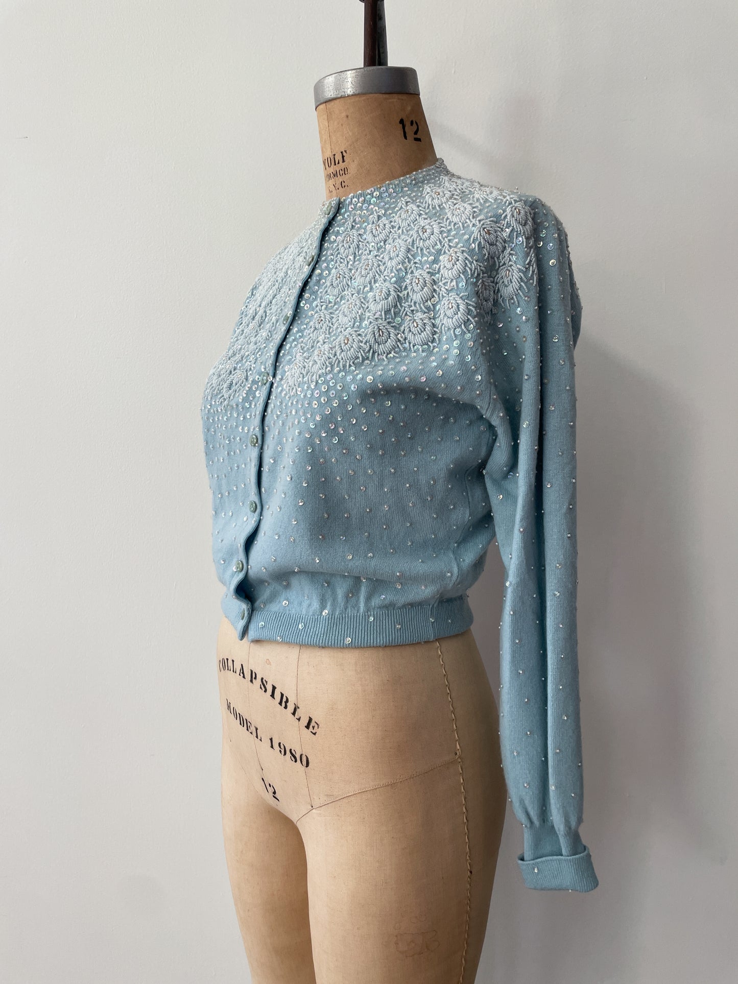 1950s Vintage Pringle of Scotland Pure 100% Cashmere Ice Blue Heavily Beaded Sweater