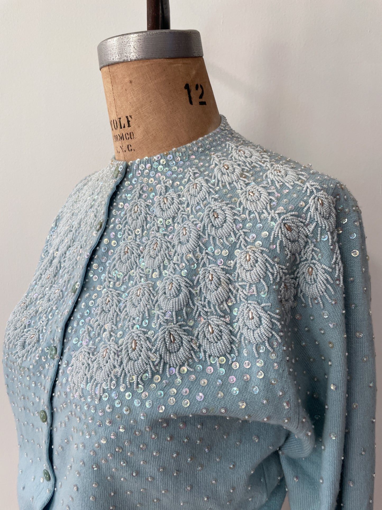 1950s Vintage Pringle of Scotland Pure 100% Cashmere Ice Blue Heavily Beaded Sweater