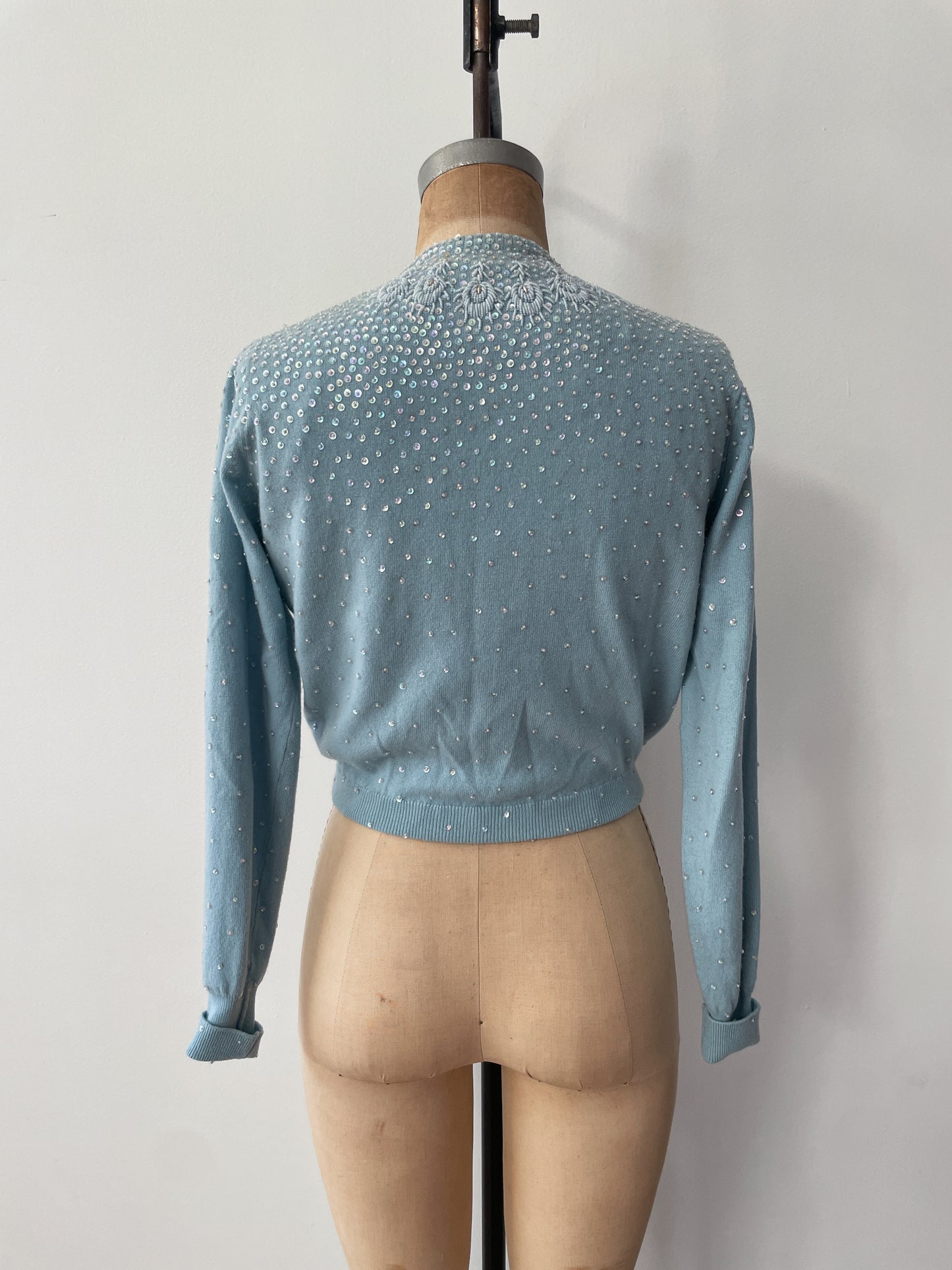 1950s Vintage Pringle of Scotland Pure 100% Cashmere Ice Blue Heavily Beaded Sweater