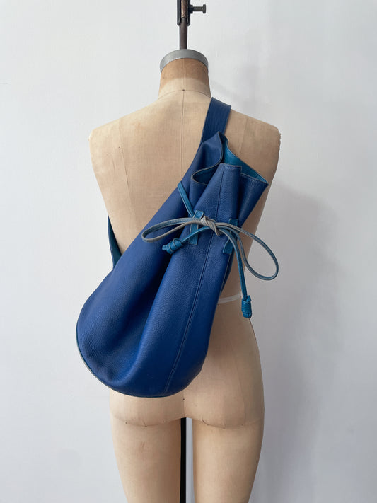 1990s Vintage KENZO Blue Leather Cinch Bucket Bag Crossbody Purse