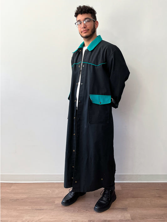 1980s Vintage Western Workwear Teal + Black Canvas Duster Coat by David James
