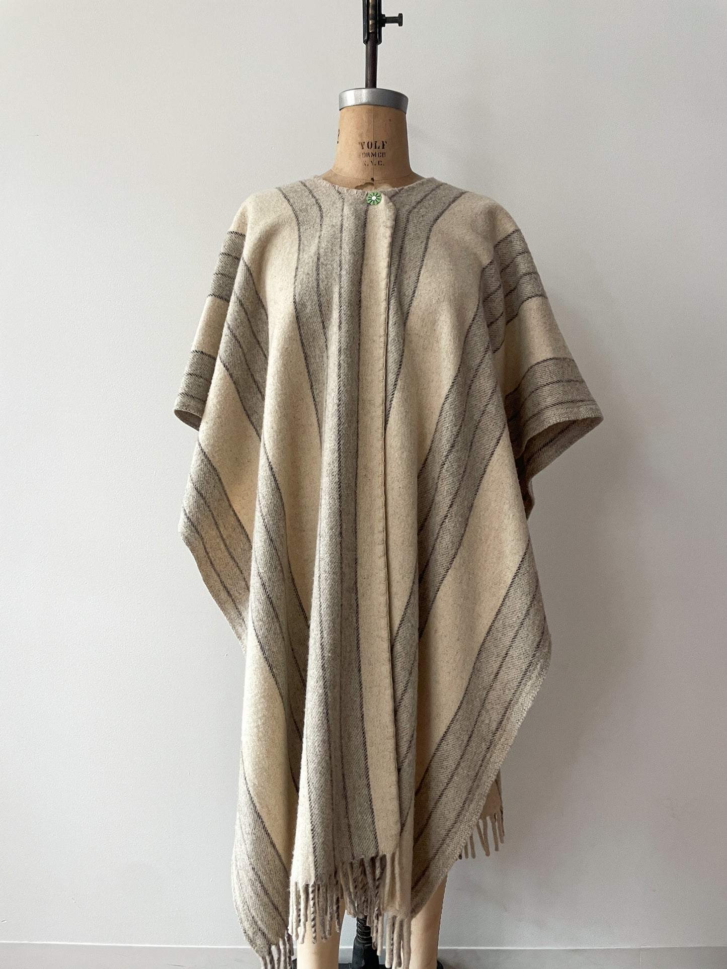 1960s Vintage Alpaca Striped Fringed Poncho Cape