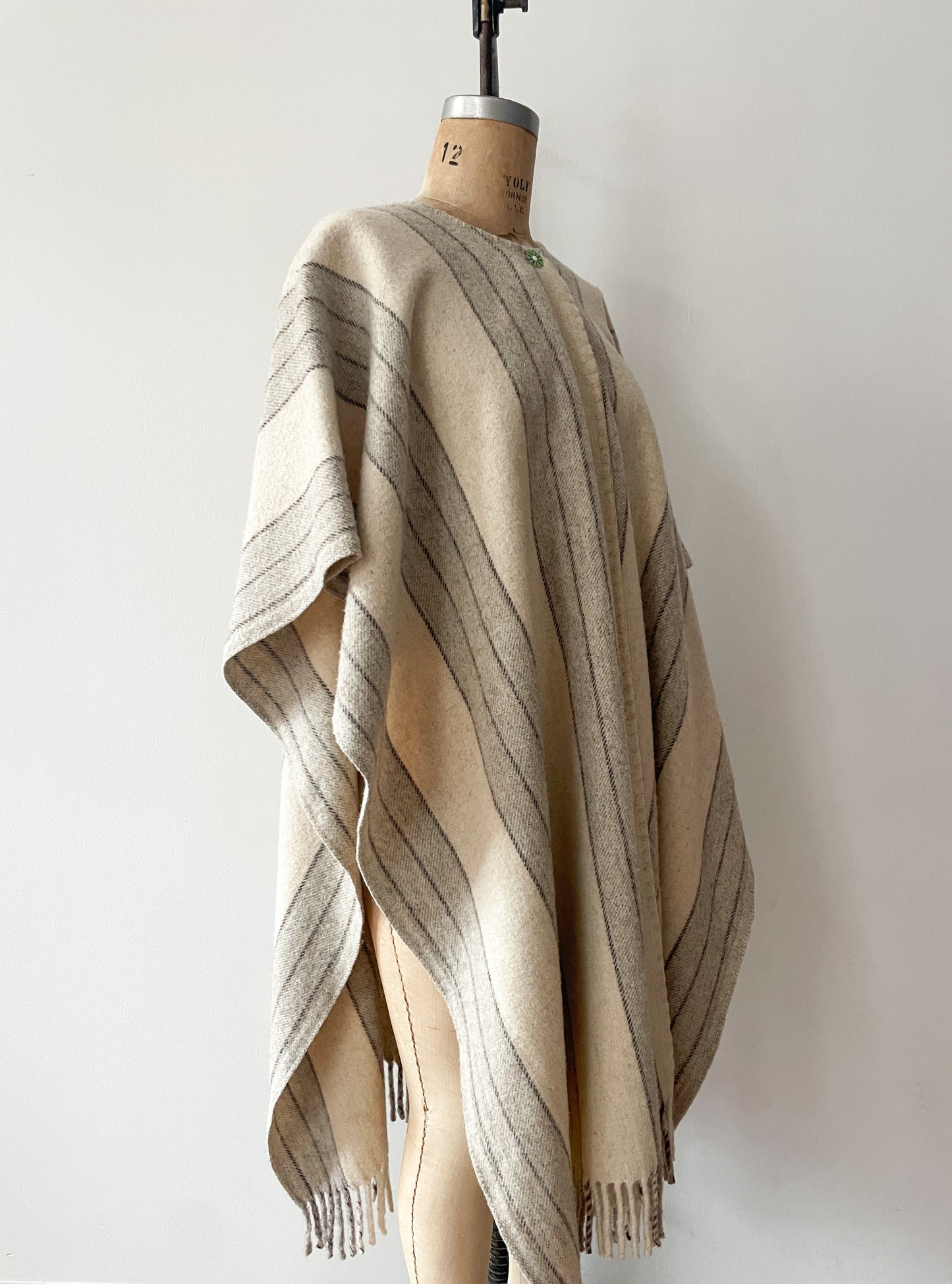 1960s Vintage Alpaca Striped Fringed Poncho Cape
