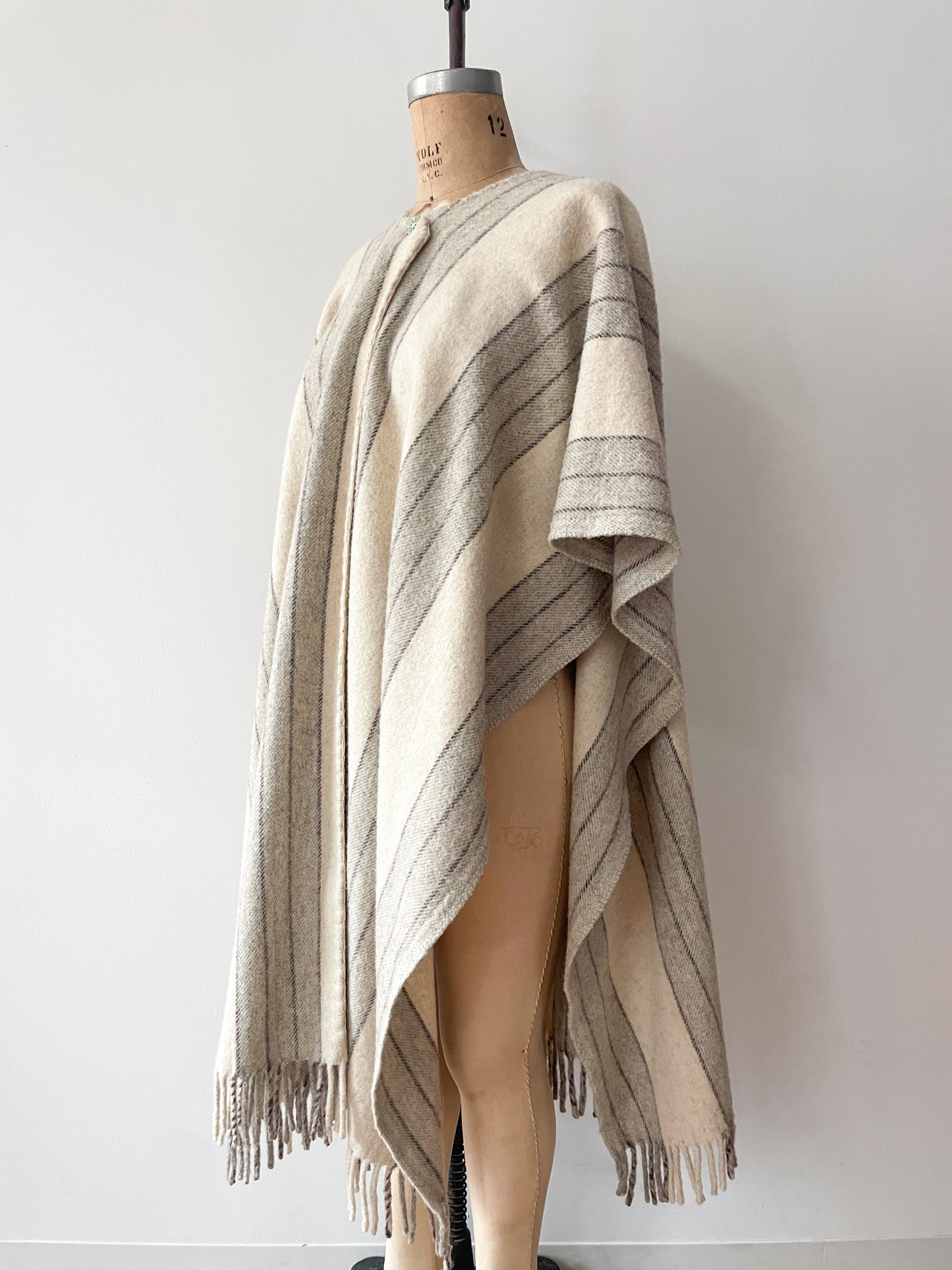 1960s Vintage Alpaca Striped Fringed Poncho Cape