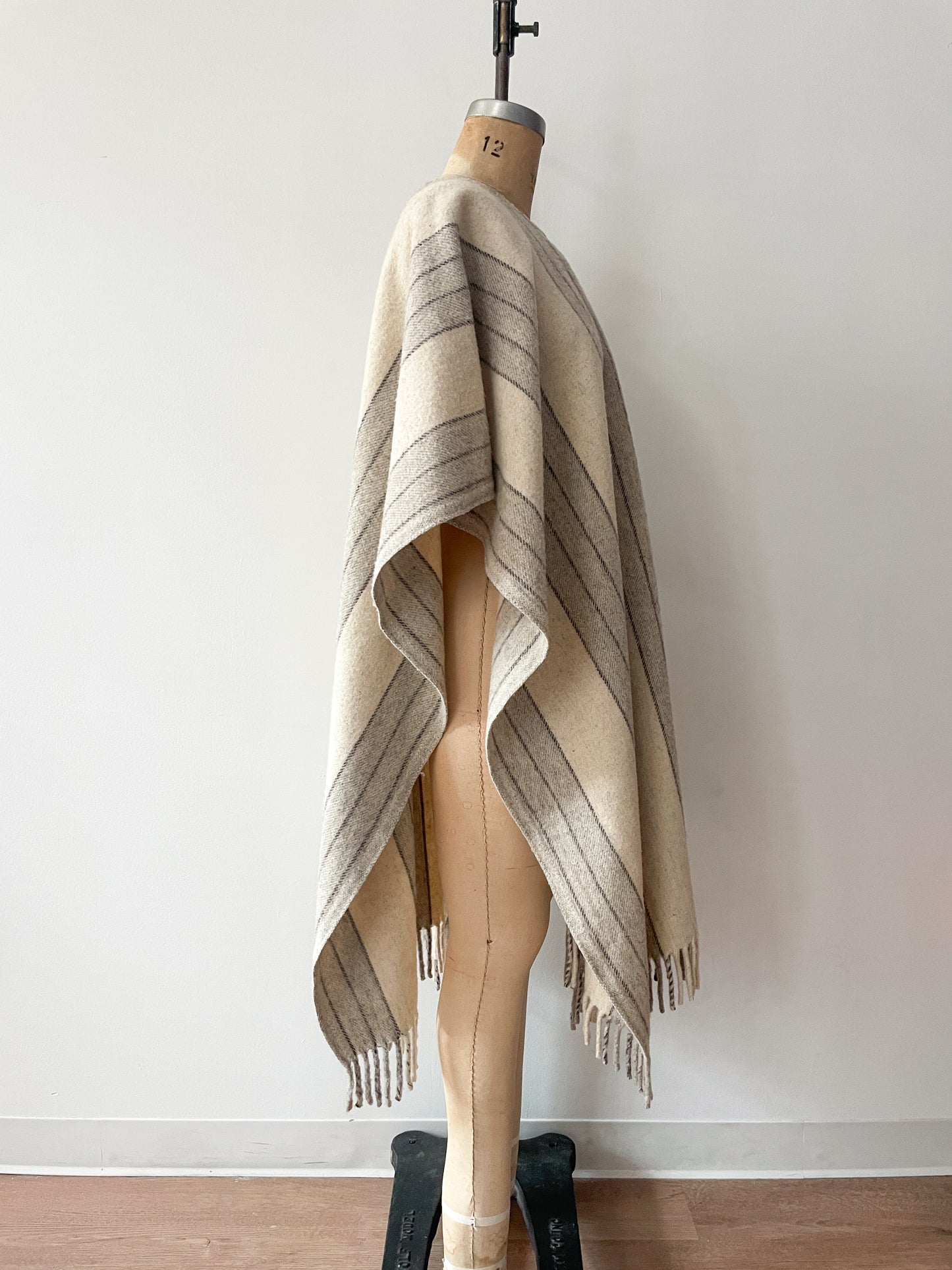 1960s Vintage Alpaca Striped Fringed Poncho Cape