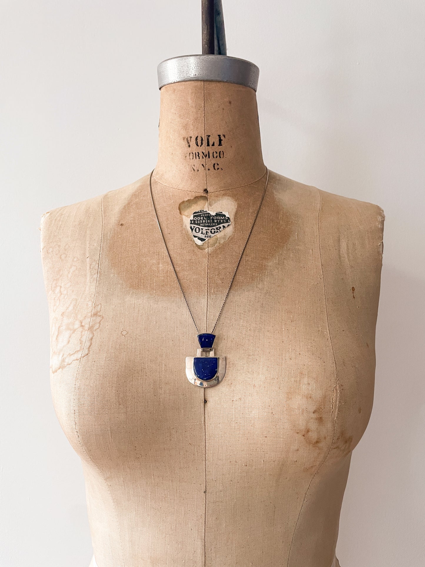 1990s Vintage Sterling Silver & Lapis Lazuli Abstract Statement Modernist Pendant Necklace