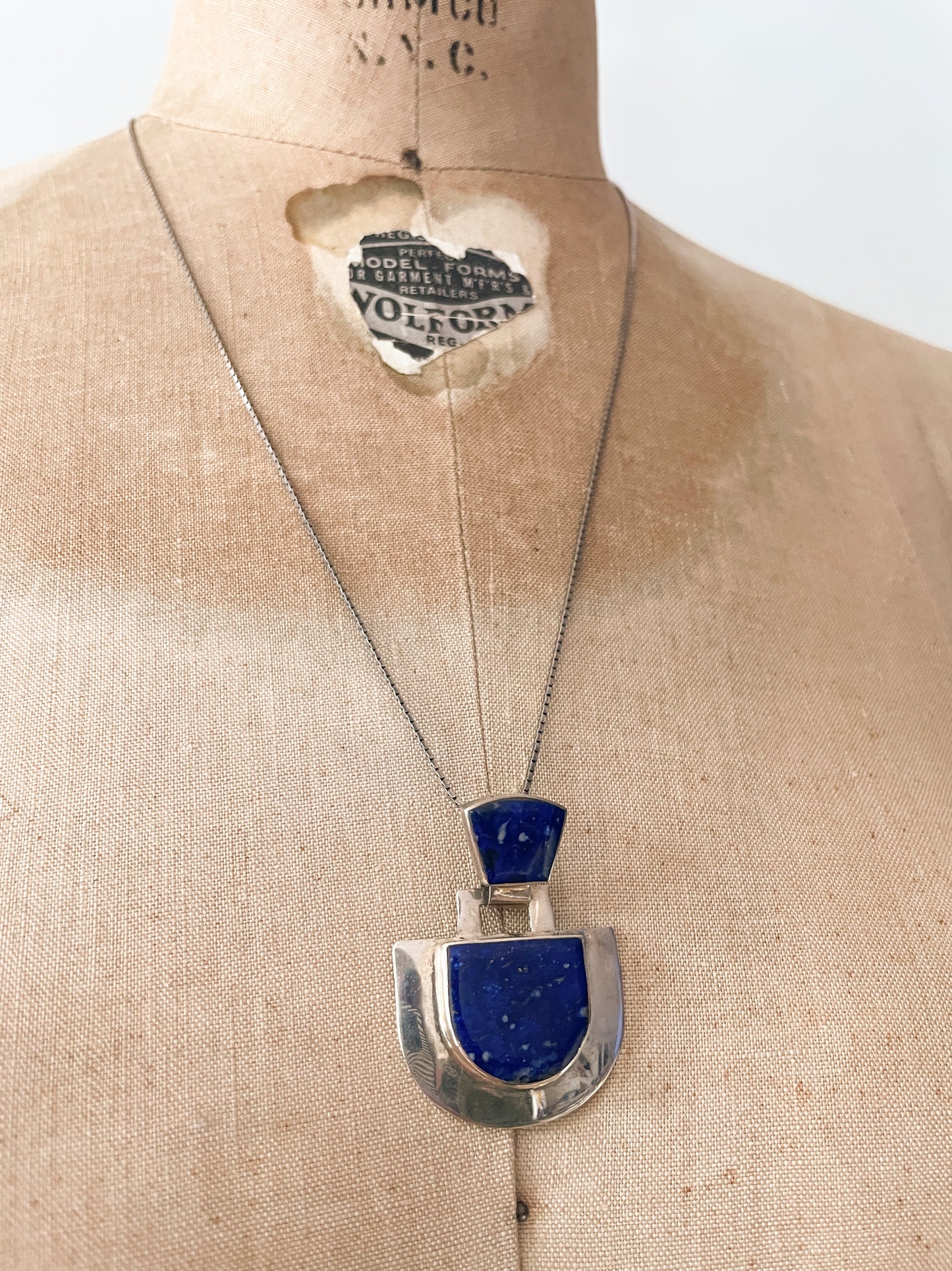 1990s Vintage Sterling Silver & Lapis Lazuli Abstract Statement Modernist Pendant Necklace