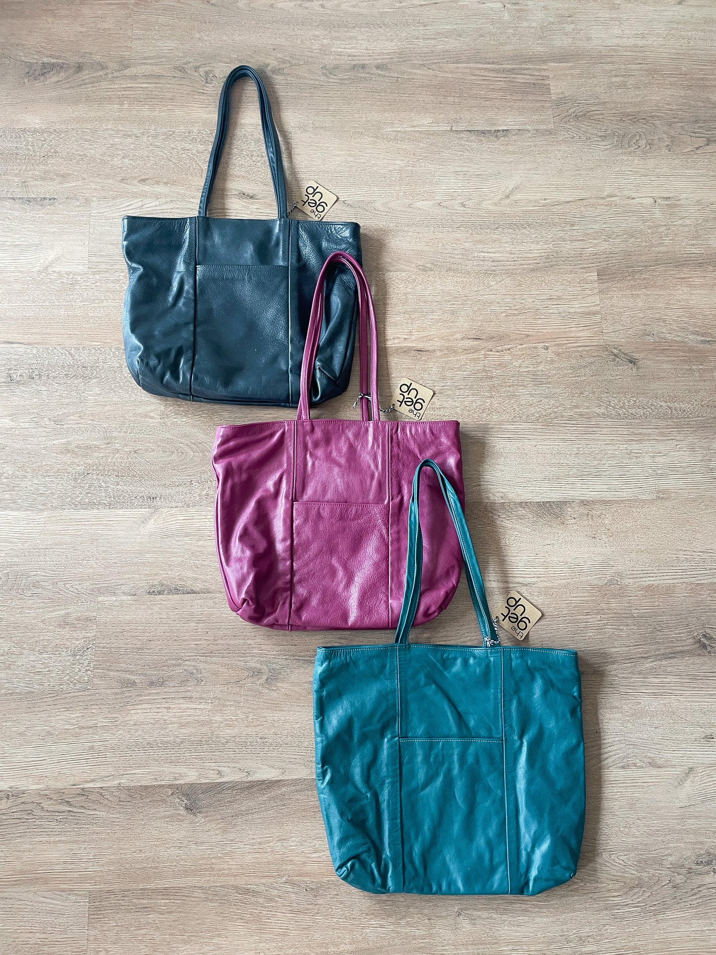 1980s Vintage Leather Zip Closure XL Totes - Plum, Teal, & Deep Navy
