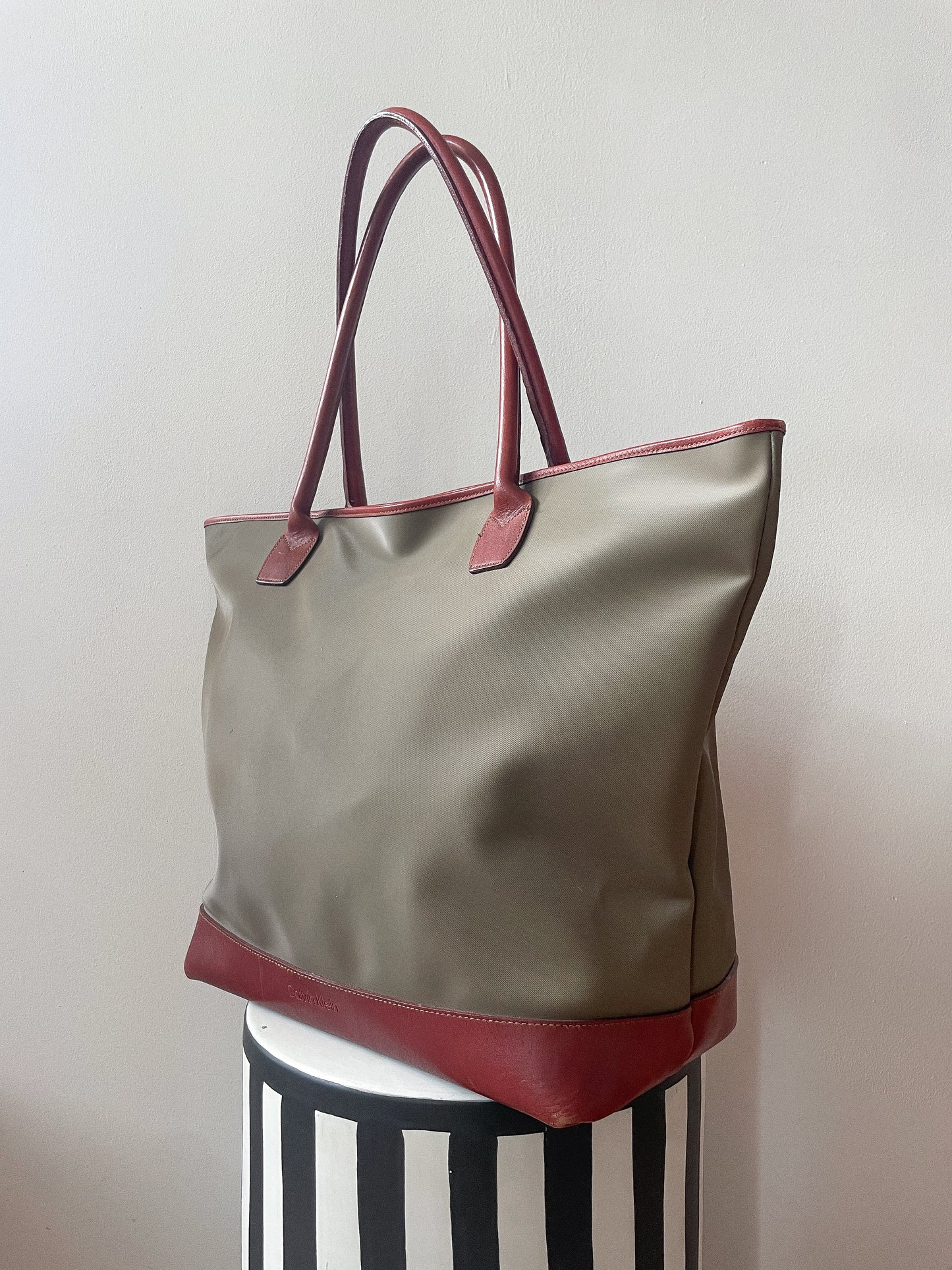 1990s Vintage XL Calvin Klein Tan Canvas & Leather Tote Bag
