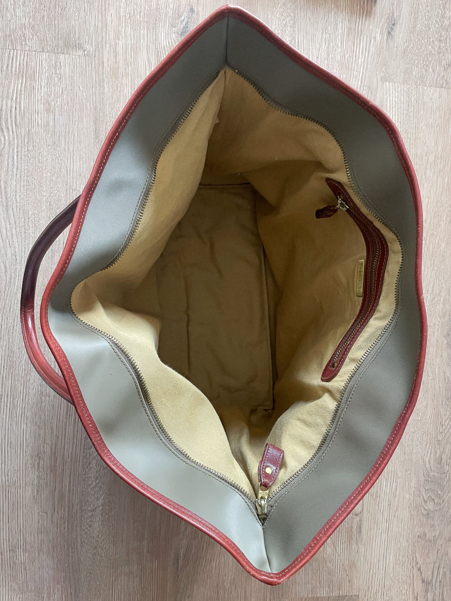 1990s Vintage XL Calvin Klein Tan Canvas & Leather Tote Bag