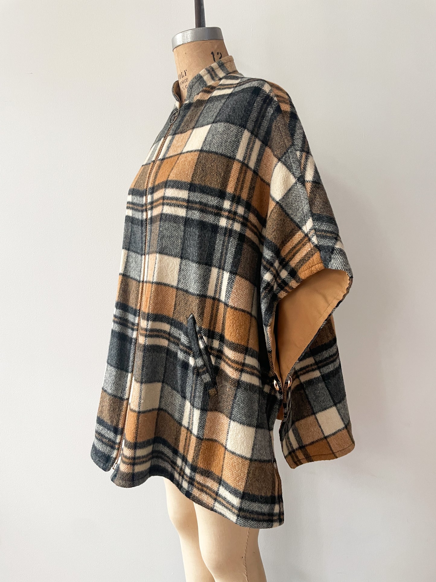 1960s Vintage Plaid Wool & Canvas Reversible Cape