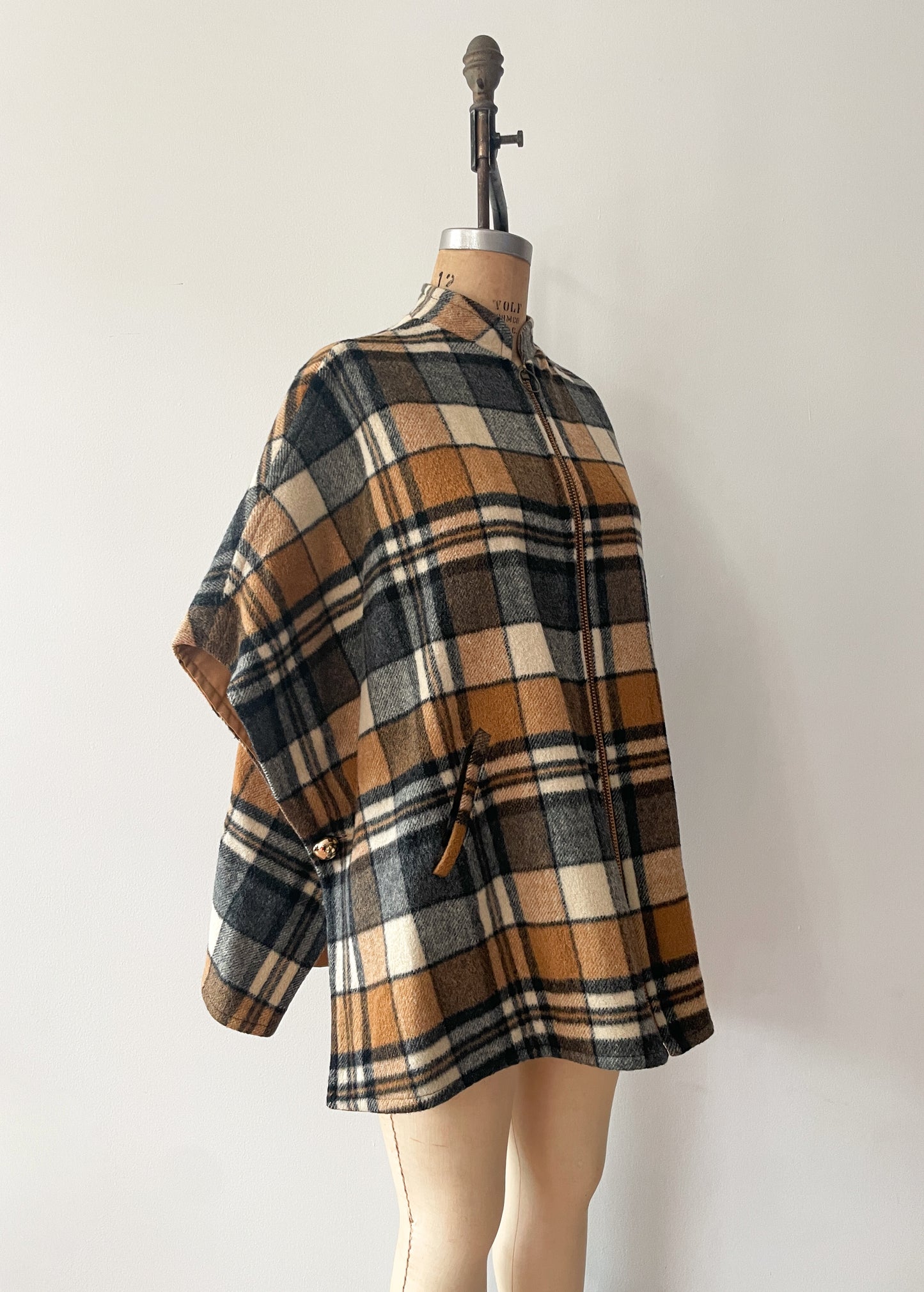 1960s Vintage Plaid Wool & Canvas Reversible Cape