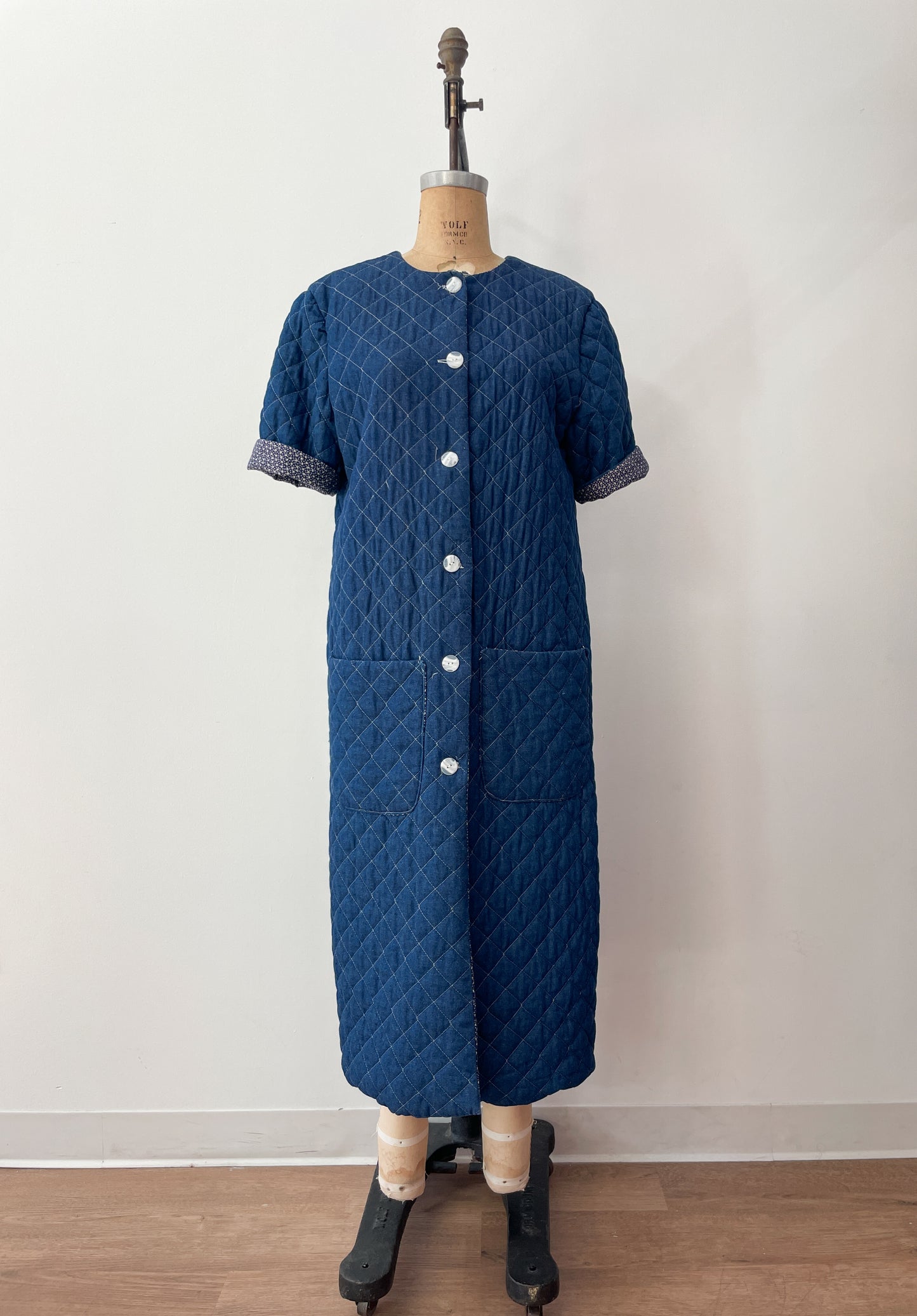 1990s Vintage Handmade Long Quilted Denim Duster Coat