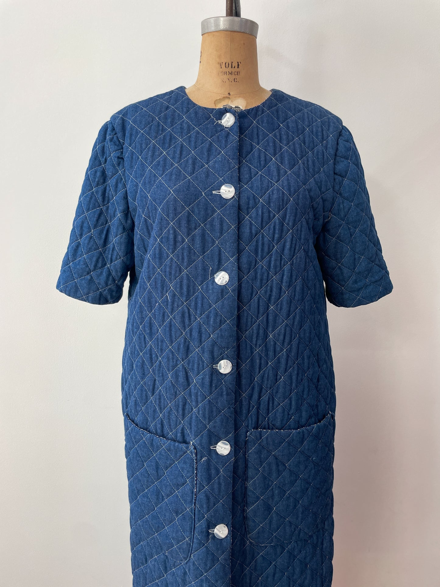 1990s Vintage Handmade Long Quilted Denim Duster Coat