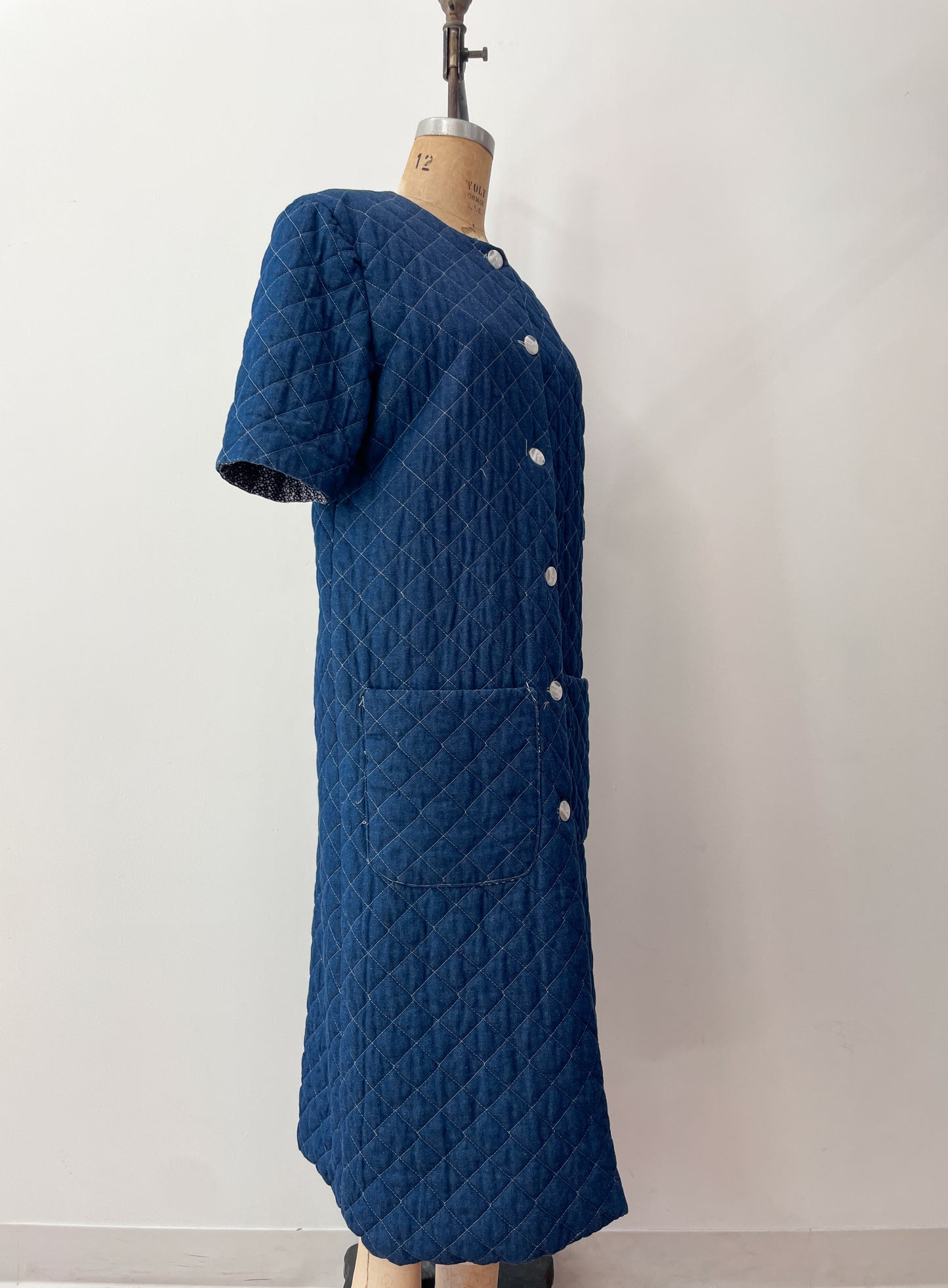 1990s Vintage Handmade Long Quilted Denim Duster Coat