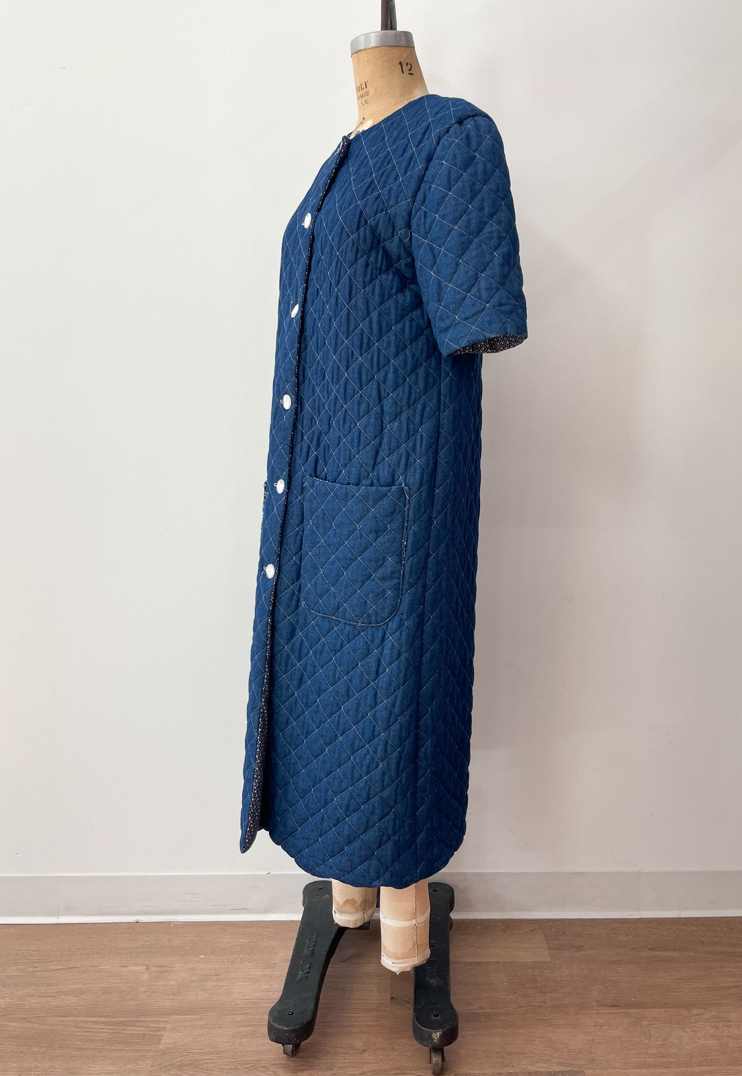 1990s Vintage Handmade Long Quilted Denim Duster Coat