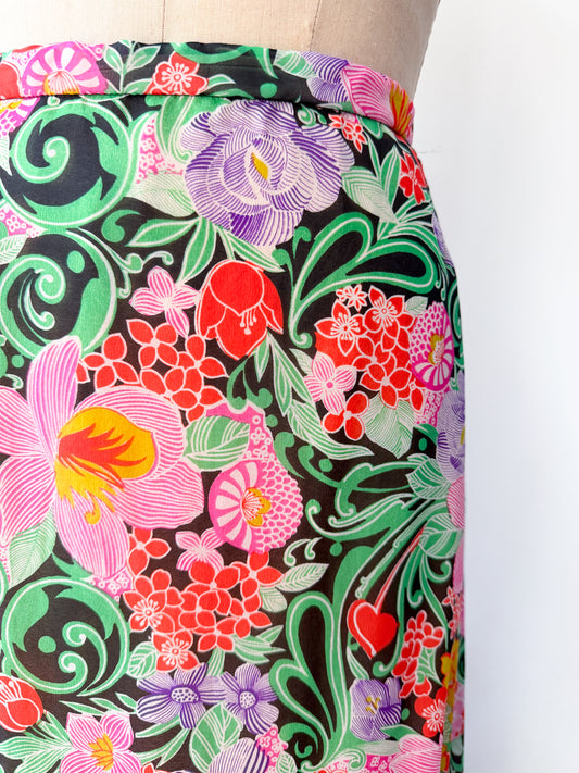 1970s Vintage Ruffle Floral Chiffon Maxi Skirt