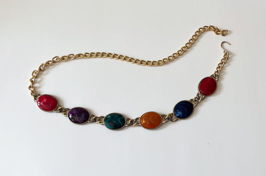 1990s Vintage Chunky Gold Tone Colorful Chain Belt