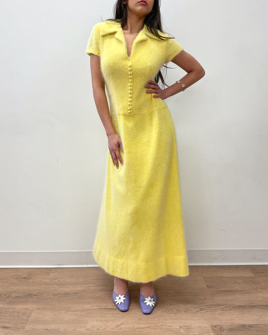 1960s Vintage R.S.V.P. for Neiman Marcus Butter Yellow Angora Fur Maxi Dress