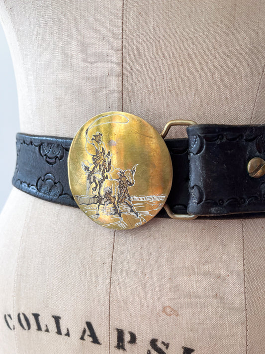 1970s Vintage USA Made Brass Cowboy Western Scene Leather Belt by Oden