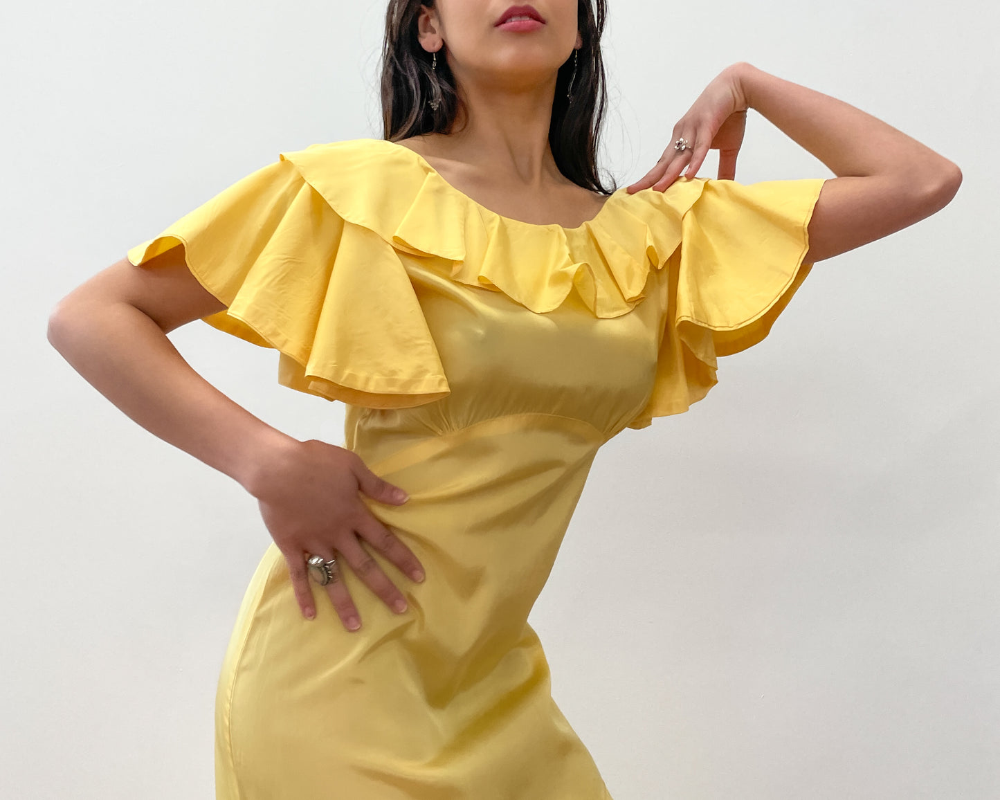 1930s Vintage Antique Buttercup Yellow Flutter Sleeve Bias Cut Crepe Rayon Gown