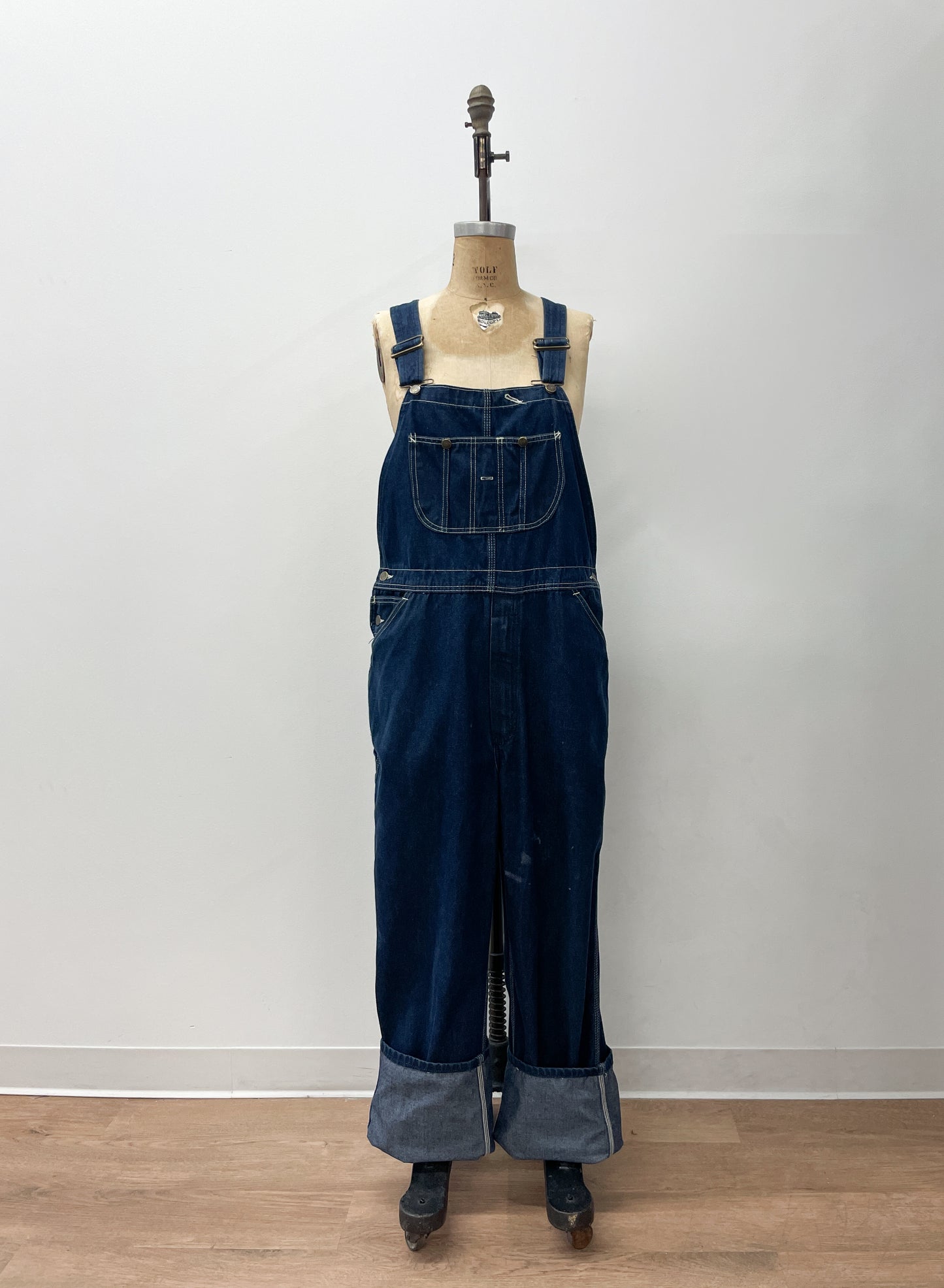 1980s Vintage Sears Roebucks Contrast Stitch Dark Blue Denim Overalls