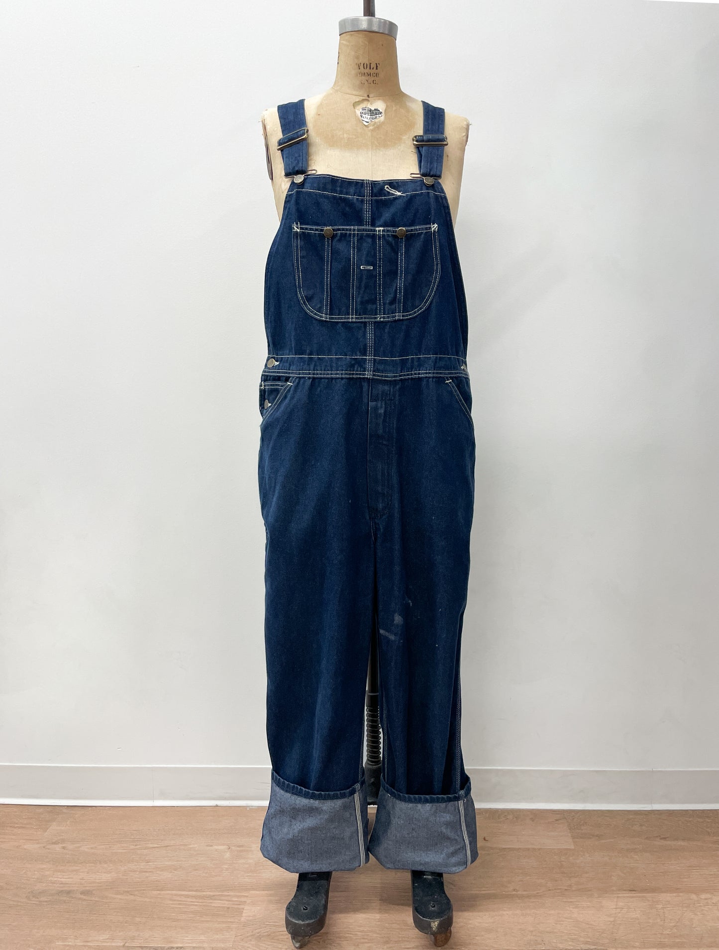 1980s Vintage Sears Roebucks Contrast Stitch Dark Blue Denim Overalls