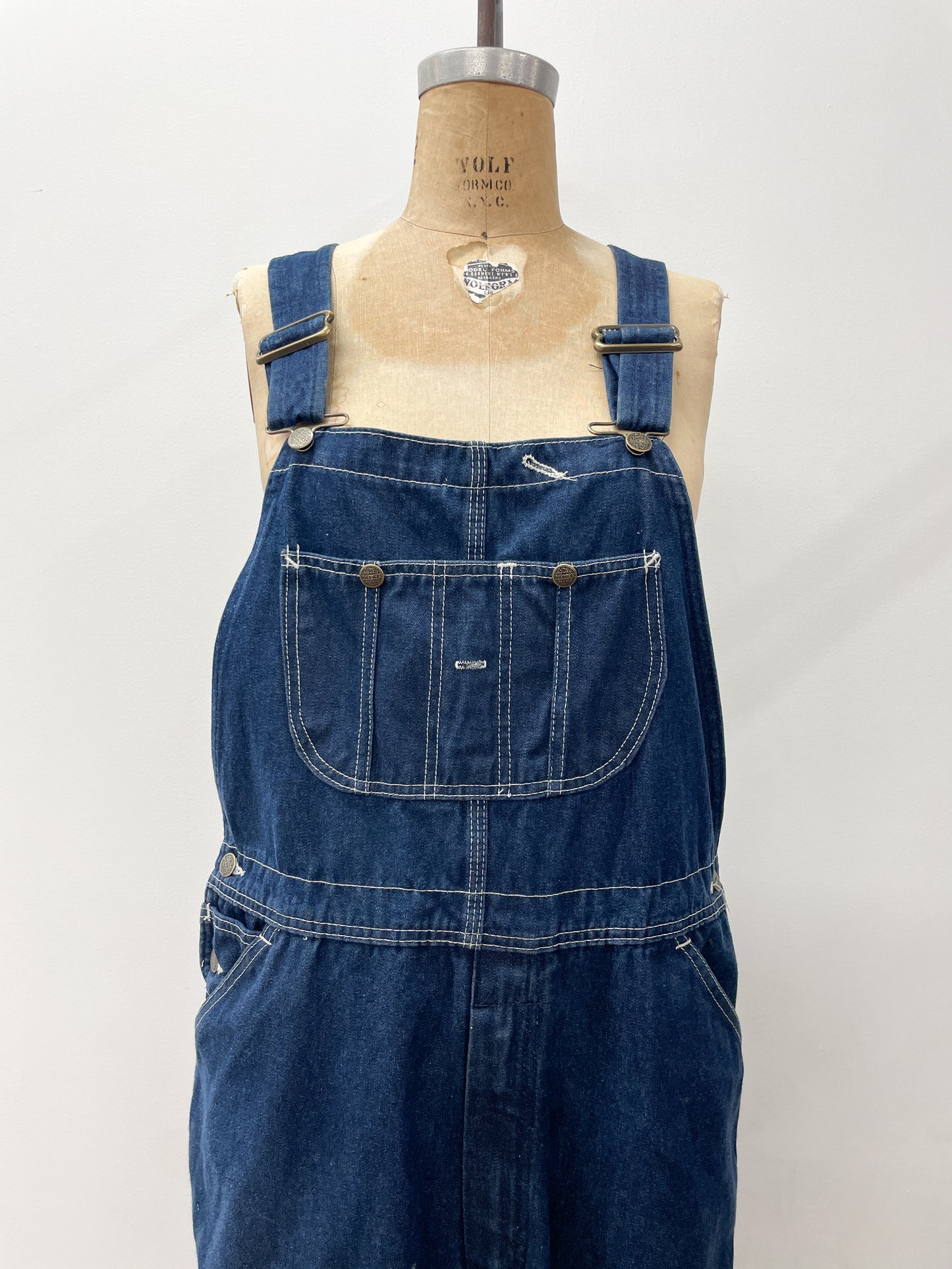1980s Vintage Sears Roebucks Contrast Stitch Dark Blue Denim Overalls