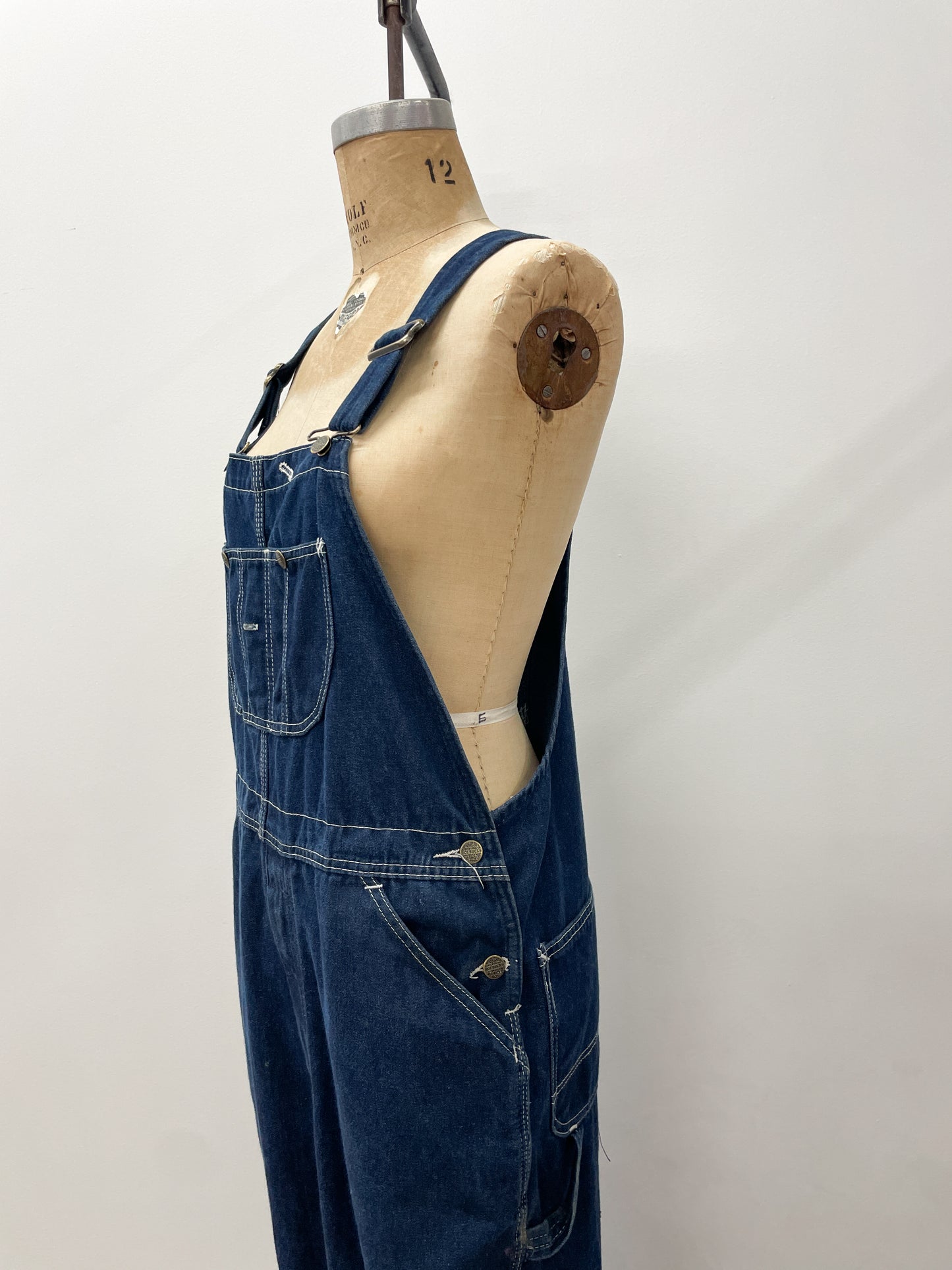 1980s Vintage Sears Roebucks Contrast Stitch Dark Blue Denim Overalls