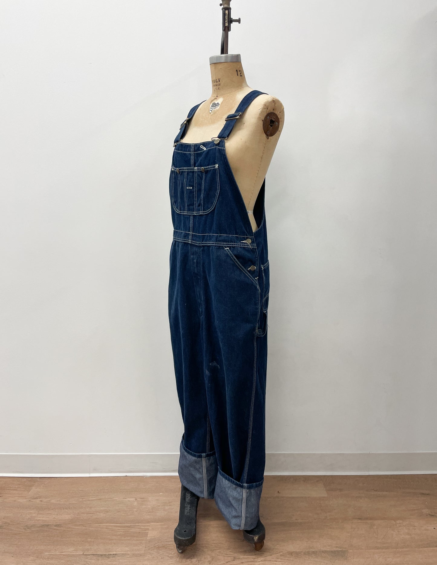 1980s Vintage Sears Roebucks Contrast Stitch Dark Blue Denim Overalls