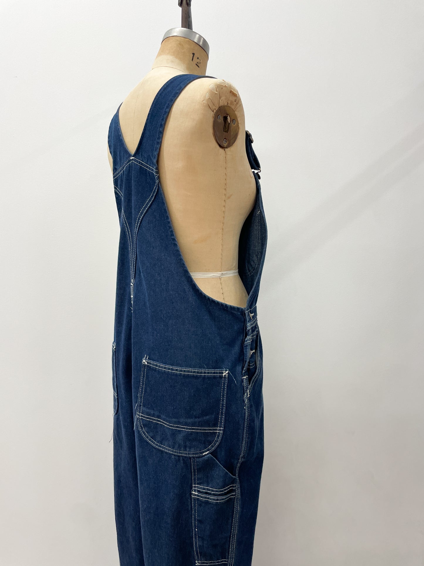 1980s Vintage Sears Roebucks Contrast Stitch Dark Blue Denim Overalls